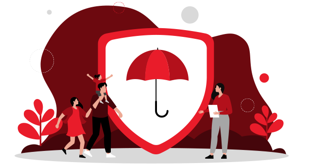 illustration of a mother, father and daughter with an insurance professional and a giant shield with umbrella inside